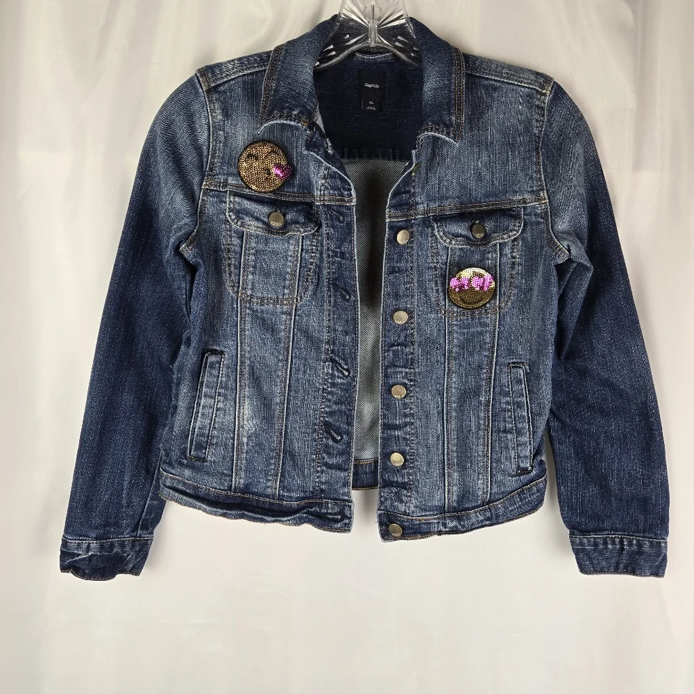 Gap Kids Blue Denim Jean Jacket Girls Size XL With Sequin Emoji Pins